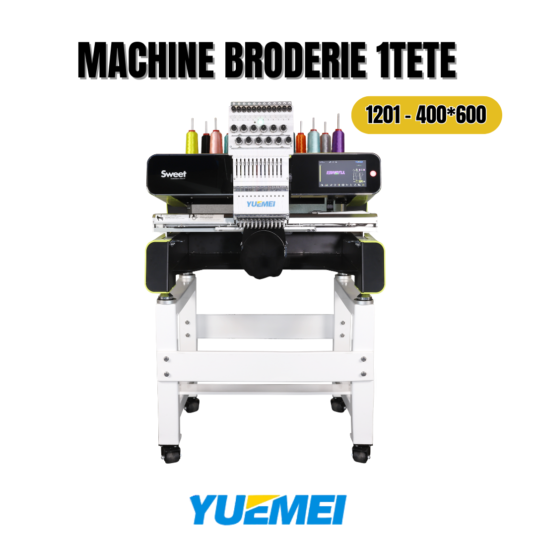 Machine de broderie 1 tête industrielle, brodeuse mono-tête pour personnalisation textile, logos, écussons et vêtements professionnels.