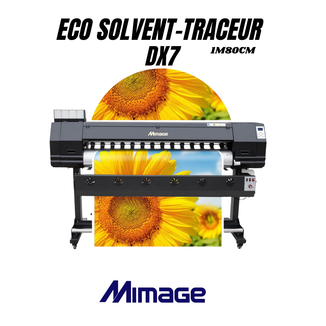 Projet d'impression à 100 000 DH avec machine eco solevant DX7, traceur DX7 grand format, massicot industriel, graveuse et découpe laser, pack sublimation, laminoir à rouleaux, rouleaux vinyle et bâche, encre eco solevant pour impression professionnelle.