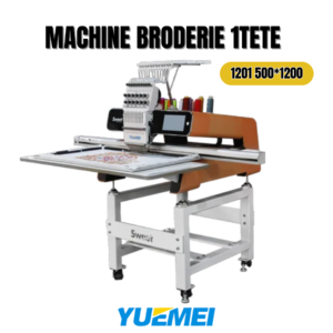 Machine de broderie 1 tête industrielle, brodeuse mono-tête pour personnalisation textile, logos, écussons et vêtements professionnels.