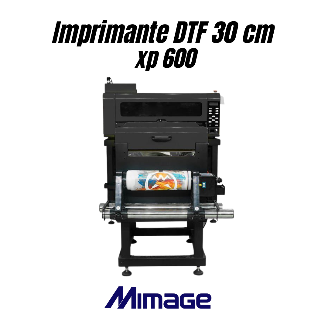 Imprimante DTF 30cm XP 600 pour impression textile, machine DTF petit format avec encre et poudre adhésive, idéale pour t-shirts, hoodies et personnalisation textile professionnelle.