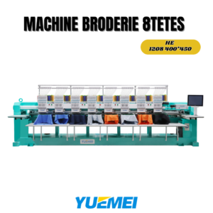 Machine de broderie 8 têtes industrielle, brodeuse multi-aiguilles haute vitesse pour vêtements, logos, écussons et personnalisation textile professionnelle.
