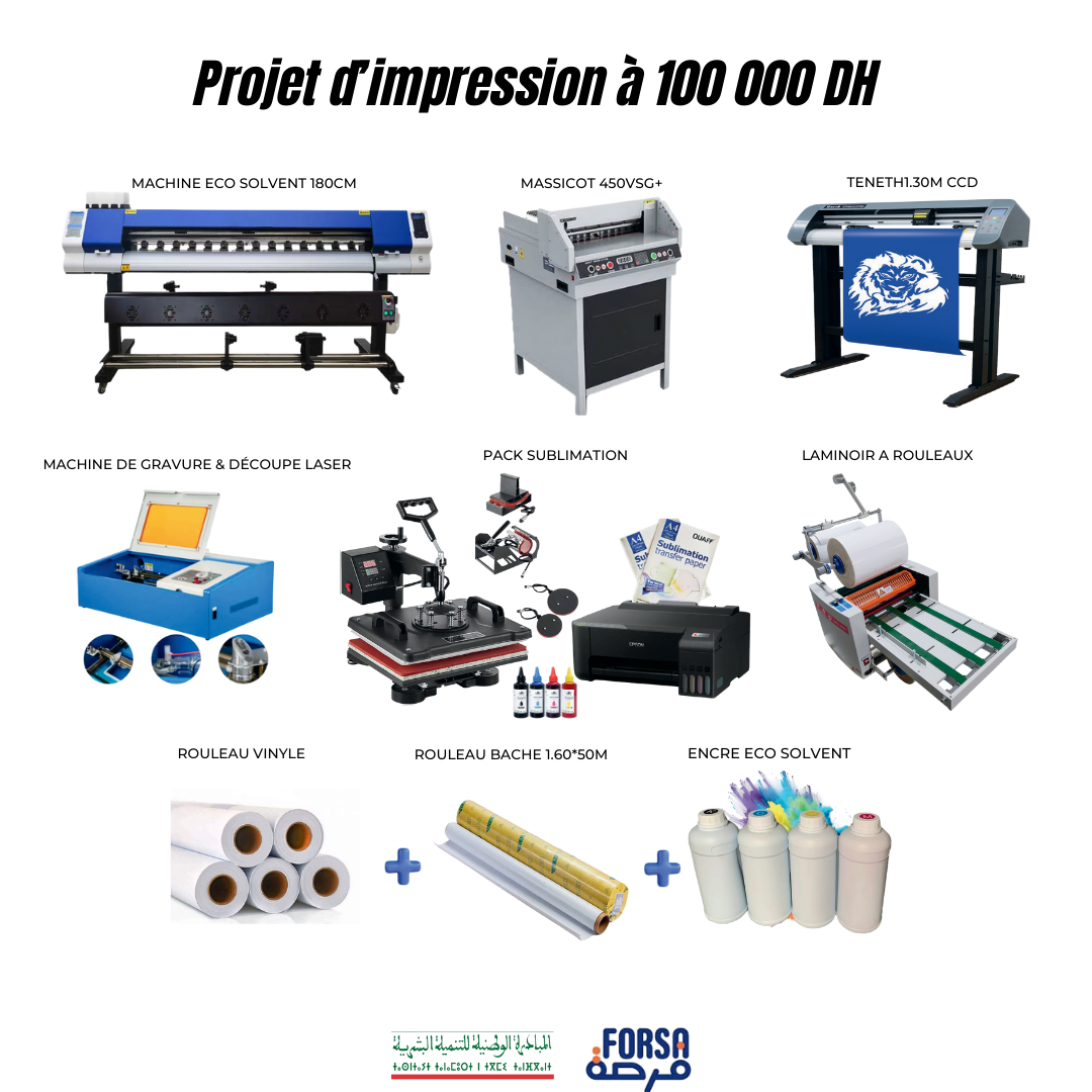 Projet d'impression à 100 000 DH avec machines professionnelles : machine eco solvent 180 cm, massicot 450VSG+, traceur Teneth 1.30M CCD, machine de gravure et découpe laser, pack sublimation, laminoir à rouleaux, rouleaux de vinyle et bâche 1.60*50M, encre eco solvent – équipement complet pour impression grand format et signalétique.