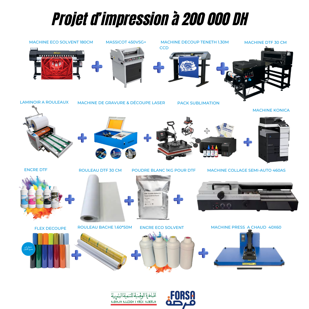 Projet d'impression professionnelle à 200 000 DH avec machines impression Eco Solvent, Massicot 450VSG+, découpe Teneth 1,30m CCD, machine DTF 30 cm, laminoir à rouleaux, machine gravure et découpe laser, pack sublimation, machine Konica, encre DTF, rouleau DTF 30 cm, poudre blanche DTF 1kg, machine collage semi-auto 460AS, flex découpe, rouleau bâche 1,60x50m, encre Eco Solvent, machine presse à chaud 40x60.