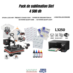 Pack de sublimation 5 en 1 avec imprimante Epson L1250, presse à chaud 5 en 1, papier de sublimation A4 et 4 bouteilles d'encre pour personnalisation de t-shirts, mugs et accessoires