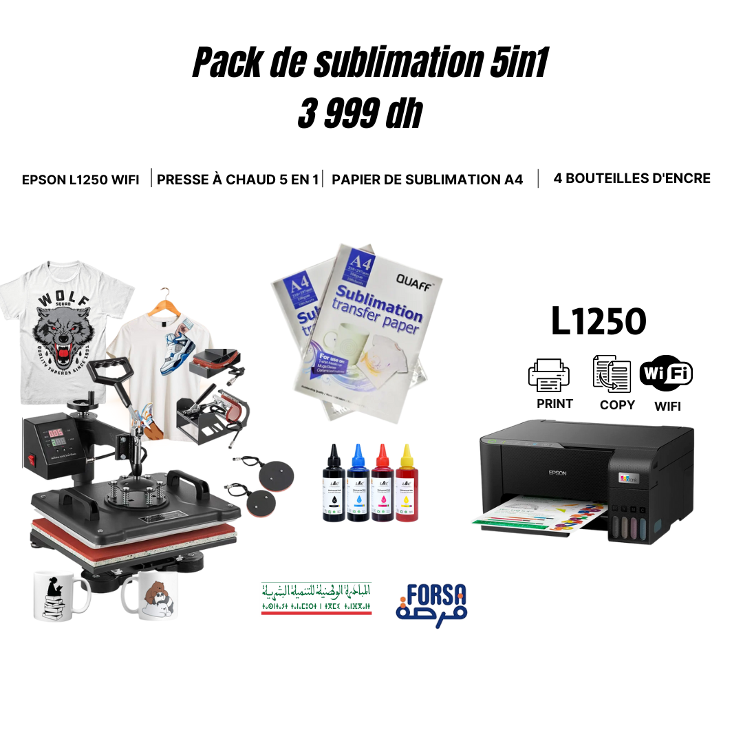 Pack de sublimation 5 en 1 avec imprimante Epson L1250, presse à chaud 5 en 1, papier de sublimation A4 et 4 bouteilles d'encre pour personnalisation de t-shirts, mugs et accessoires