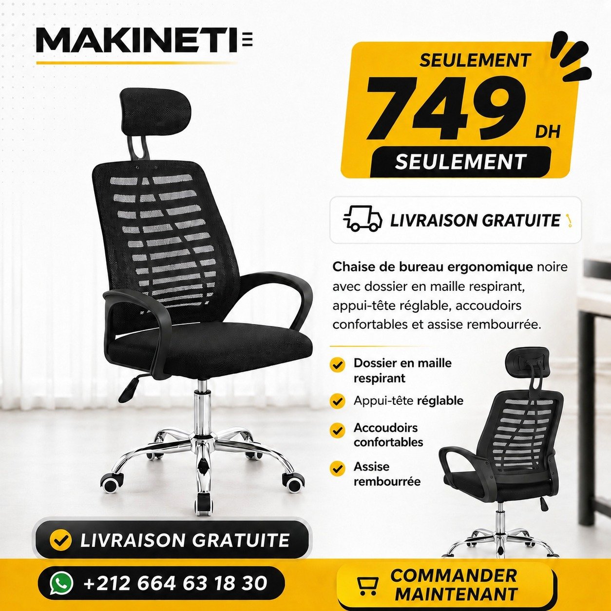 Chaise de bureau ergonomique avec appui-tête réglable